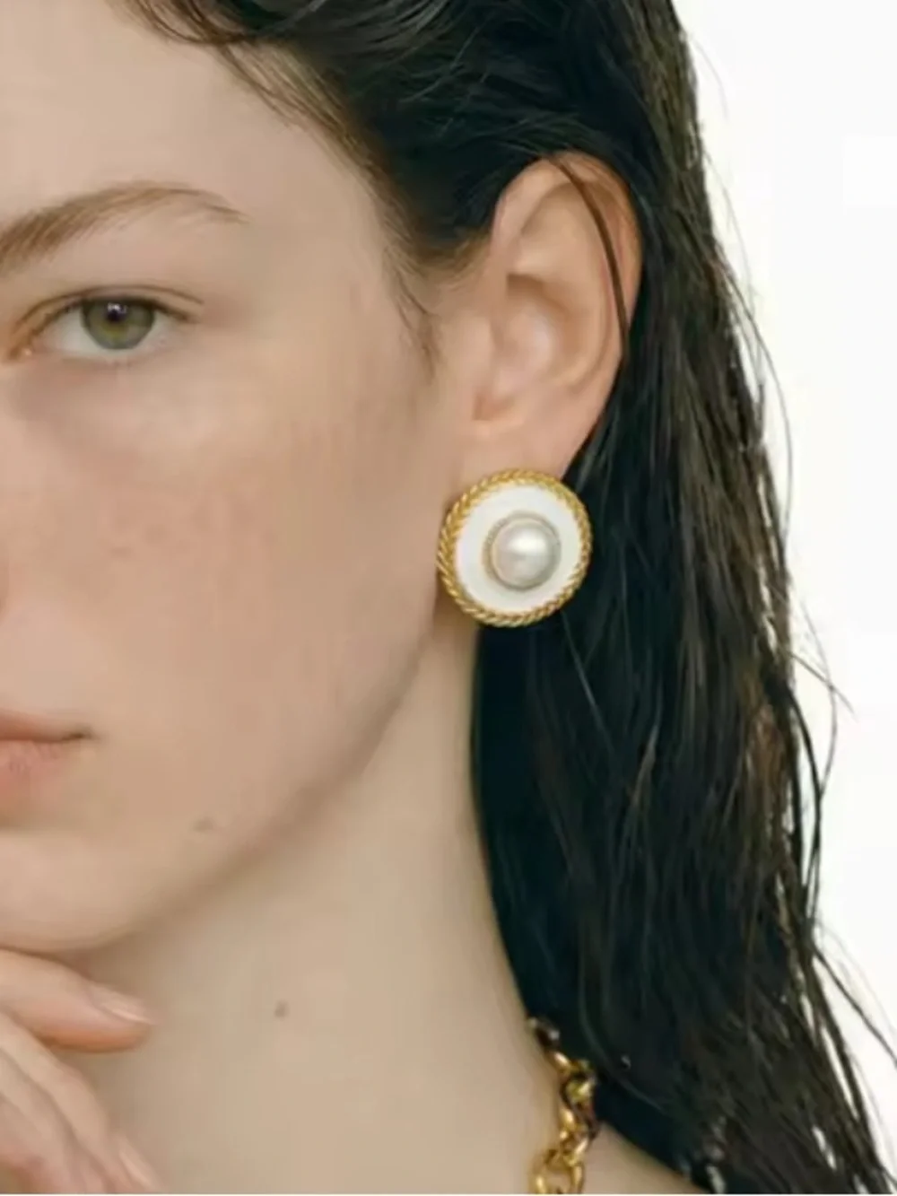 White Pearl Button Gold Earrings